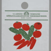 V. I. Lenini nim. Köögiviljakasvatuse Näidissovhoosi tunnusmärgiga kilekott (Eesti Rahva Muuseum)
